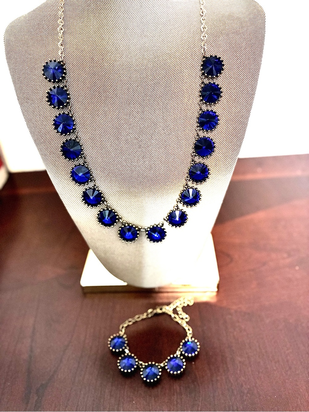 Blue Crystal Statement Necklace and Bracelet Set